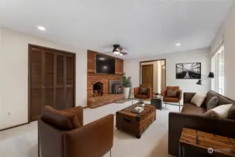 Living room virtually staged with fireplace