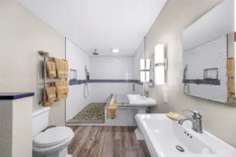 Newly remodeled. Tile shower, jetted tub, rain shower & heated tile floors