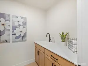 Spacious laundry room with sink and cabinet.