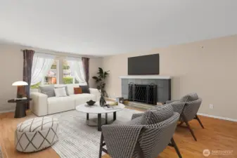 Virtually staged living room when walking in from front door