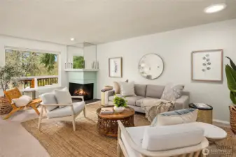 The living room has big open views and is drenched in sunlight. The wood burning fireplace features an electric heater for warmth and ambiance.