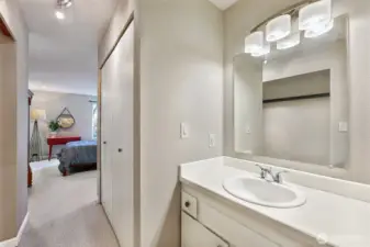 There are two large closets in bedroom #1. One on either side of this hallway.  Having a second vanity is very convenient.