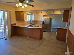 huge kitchen and dining room area ready to go, New flooring. Deck to the left