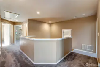 Heading upstairs. The door seen to the right leads to the bonus room above the garage. Behind is the primary bedroom facing west. Two additional bedrooms overlook the backyard, facing east.