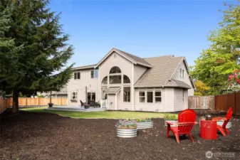 Fully Fenced Backyard with patio and garden beds