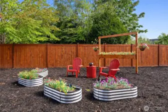 Fully Fenced Backyard with patio and garden beds