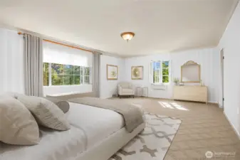 Virtually staged primary bedroom.