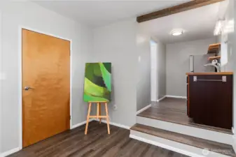 Studio entry to garage facing kitchen.