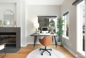 This nook in the living room works well for a home office setup.