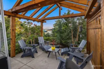 Covered deck off the side door. Heated evening gatherings - rain or shine!