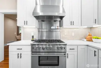 Custom Tile Backsplash, 6 Burner Range, White Kitchen