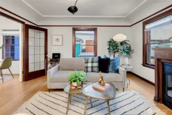 Living room opens onto dining space.
