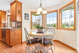 Cozy breakfast nook bump out just off kitchen with expansive view of backyard & beyond