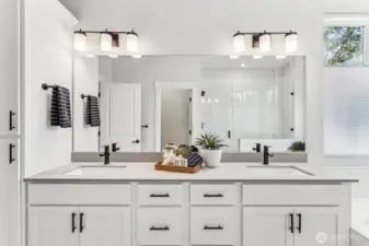 Primary bath- counters.  Notice all the space between cabinets, drawers and large linen space.