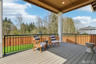 Large covered patio, perfect size yard and full fencing.
