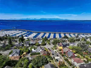 Just above the marina, perched above the water.