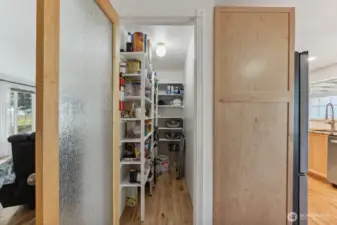 Roomy, custom walk-in pantry with shelving & lights!