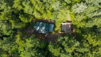 Aerial of cabin & shop