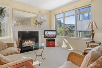 Living room has oversized window to let the sunlight pour in!