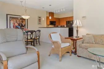 Living room looking towards dining room and kitchen!  Cool lighting fixtures!