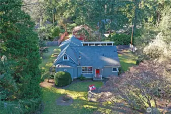 An aerial view of the back of the home.