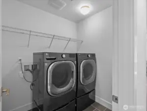 Laundry room with wonderful pedestal washer/dryer located off teh hallway between the bedrooms.