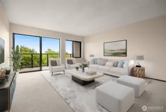Generously sized living room, refreshed with new paint and carpet. Virtually Staged Photo.
