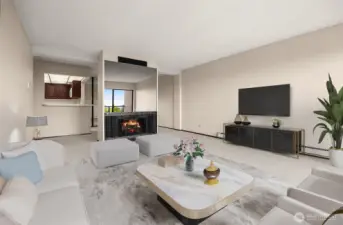 The warmth of home, framed by a stylish gas fireplace. Virtually Staged Photo.