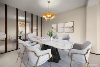 Share meals and moments in a dining room that opens to both kitchen and living spaces. Virtually staged photo.
