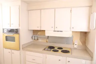 The kitchen features an electric stove, built-in oven, and ample cabinetry for generous storage and functionality.