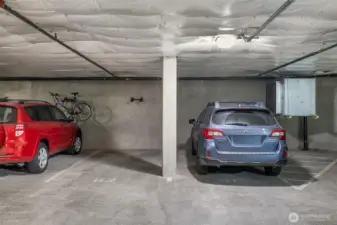 Two side-by-side parking spots near the elevator on P2.