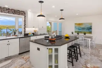 Thoughtful display shelves and counter seating, as well as informal dining space.