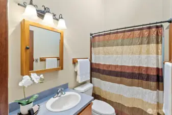 Upstairs full bathroom with vaulted ceilings