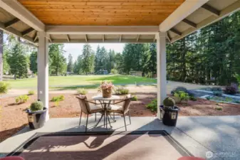 Backyard patio, covered area with view of golf course and 15th green