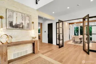 A stacked stone wall provides a beautiful accent in the foyer