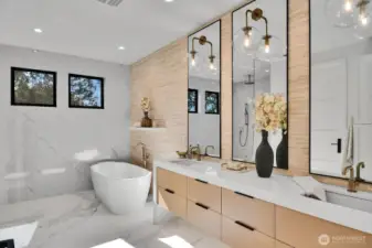 Spa-themed Primary bathroom with heated floors