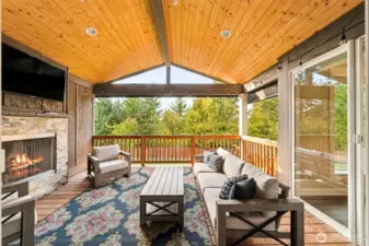 Expanded living space with this covered patio, with fireplace, TV, and remote control shades