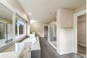 Primary bath with dual vanities, fully tiled shower, large soaking tub