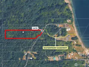 Birdseye view of the approximate boundaries in red and the approximate route of the waterfront easement in yellow.