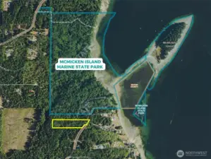 Approximate boundaries in yellow in relation to McMicken Island Marine State Park.