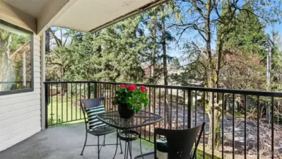 Large patio is peaceful and relaxing. Plenty of room for more seating.