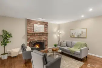 Family room has a cozy fireplace