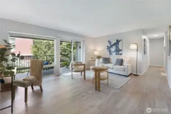 A view from the living area from the dining area - notice the door in the deck for outdoor storage.  Additional, large storage on the 1st Floor #402B