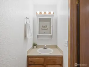 Half-bath with new vanity cabinet above the sink, located just inside the entry to your home