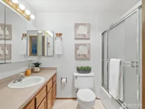 Full primary bathroom with tub and shower combo