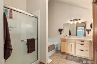 Primary bath with soaking tub and oversized shower.