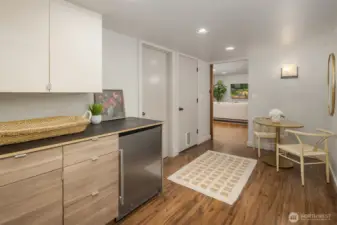 Drinks fridge and bar area in the basement off the family room.