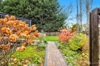 Beautiful paver pathway welcomes you to backyard with mature landscaping.   Some really lovely plants for you to enjoy.