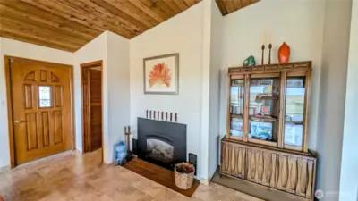 Fireplace and stairs to lower level