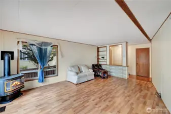 The cheerful living room features beautiful